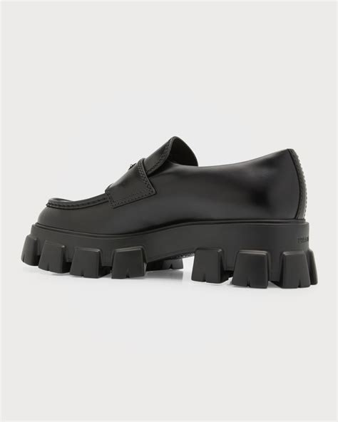 prada lug sole loafers|Black Monolith pointy brushed leather loafers .